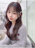 ウェーブ巻きシースルーぱっつん前髪おくれ毛ミディアムロング