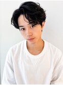ダークアッシュニュアンスパーマハンサムショートセンターパート