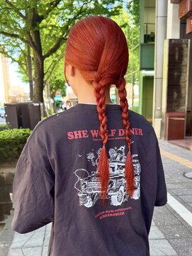 ビーハイブ 仙台駅前店(Behive) オレンジレッド/ブリーチ/ロング/10代20代30代