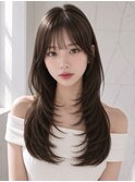 ミルクベージュツーウェイバングミディアムレイヤーカット暗髪