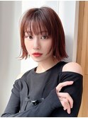 顔周りぱっつんシースルー外ハネボブチェリーピンクブラウン