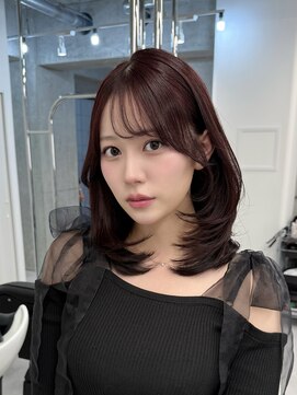 セラン 表参道(Celan) ミディアムレイヤー 縮毛矯正 ピンクブラウン