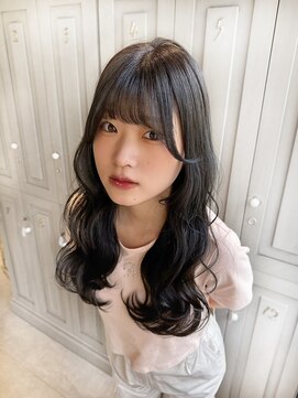 カシュカシュ 表参道(cache cache) ロングオリーブブラウンカラー前髪カットフォワード巻き韓国ヘア