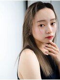 長めバングオリーブベージュシンプルストレートダブルカラー