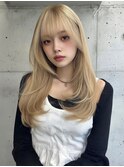 前髪無しコテ巻き風パーマミルクティーベージュおくれ毛カット☆