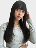 ぱっつん前髪　黒髪　ロングレイヤー　ストレート　顔周りカット