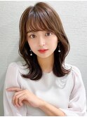 ミニウルフ前髪パーマ韓国くびれミディアムチェリーブラウン