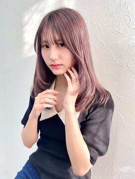 韓国風レイヤー20代30代40代顔周りカットブリーチピンクベージュ