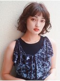 ボブパーマくびれヘアアプリコットオレンジハイライトカラー