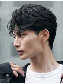 渋谷フェザーパーマメンズカットセンターパートオールバック30代