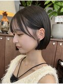 栄小顔丸みボブ透明感グレージュ　切りっぱなしボブ
