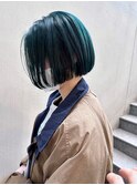 ワンレンボブモスグリーンヘア