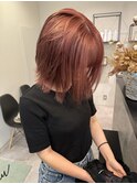 ケアブリーチシアーピンクカラー切りっぱなしボブハイトーン
