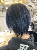 ウルフカット ダークネイビー ダブルカラー ケアブリーチ