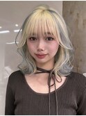 デザインカラーハイトーンブロンドペールピンク顔周りレイヤー