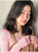 前髪長めの韓国風ミディアム☆くすみブルー