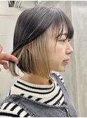 インナーカラーミルクティーベージュ切りっぱなしボブ丸みボブ