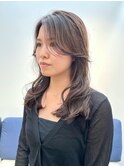 セミロング　前髪カット　前髪長め　韓国　グレージュ　原宿
