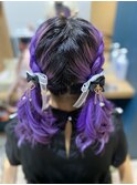 仙台D　ヘアセットヘアメイクパープルカラーツインテールリボン