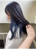 △インナーカラーブルー黒髪ロング韓国風ブルーブラック髪質改善