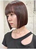 切りっぱなしボブ×ぱっつん前髪 ピンクブラウン 表参道ボブ