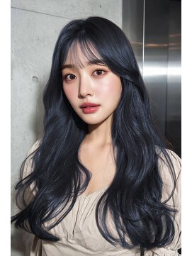 ブルーブラックネイビー韓国風ロングヘア所沢コリアンカラー