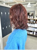 オレンジブラウン　ボブ　スパイラルくるくるパーマ