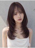 ミディアムレイヤー韓国ヘア顔周りレイヤーべージュカラー前髪