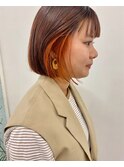 インナーカラー オレンジカラー 暖色 ボブ 切りっぱなし