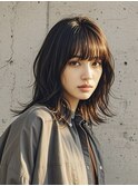 ミルクティーベージュウルフパーマミディアムヘア50代髪型