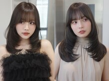 ★暗髪のまま艶やかなラベンダーグレージュカラー。レイヤーカットで内巻きにカールさせた韓国スタイル