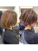 シルキーベージュデザインカラー斜めバング束感ショート【中村】