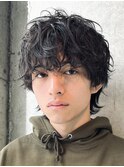 原宿メンズマッシュウルフ無造作シャドウパーマツーブロック黒髪