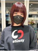 ウルフカット セミディ フルバング 暖色 チェリーレッド