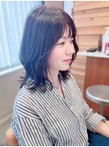 ミディアムヘア　黒髪　ウェーブヘア　デジタルパーマ