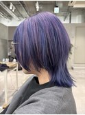 寒色パープル×セクションカラー×ウルフカット