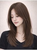 レイヤー 顔周りカット センターパート ブラウン 透明感カラー
