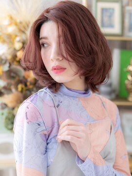 カバーヘア ブリス 志木南口駅前店(COVER HAIR bliss) かきあげバングミルクティーピンクこなれボブh3志木20代30代40代