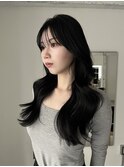 ロングレイヤー前髪顔周り韓国ヘアくびれヘアディープグレージュ