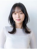 グレーベージュ/ロングレイヤー/前髪パーマ/韓国/くびれ/小顔