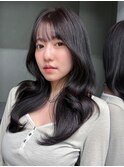 黒髪前髪カット小顔グレージュ顔周りレイヤーロング_F20810