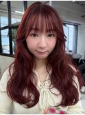 ダブルカラーチェリーレッドピンクブラウン韓国レイヤーロング