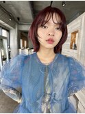 【阿形】ブリーチなしチェリーレッド顔周りレイヤーウルフボブ