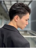 アップバング　黒髪　短髪　毛流れパーマ　