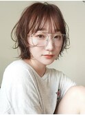ボブレイヤーシースルーバングピンクブラウンレッドブラウン