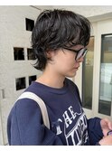 ショートウルフパーマメンズライクショート黒髪