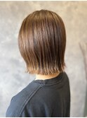 切りっぱなしボブ/オリーブブラウン/透明感カラー