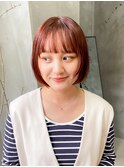 ボブ 顔まわりカット ぱっつん 暖色 オレンジ ピンク 赤