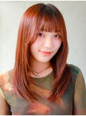 艶ストレート×顔まわりレイヤー×オレンジブラウン