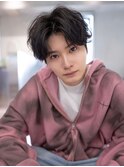 韓国マッシュダークアッシュニュアンスパーマメンズカット黒髪